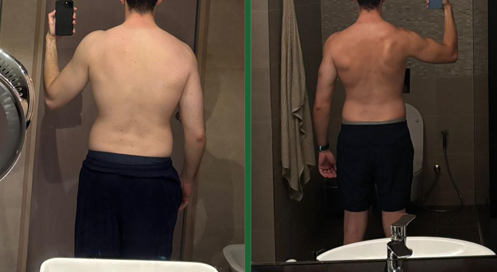 Client before and after back transformation — muscle gain with PureFlow Fitness